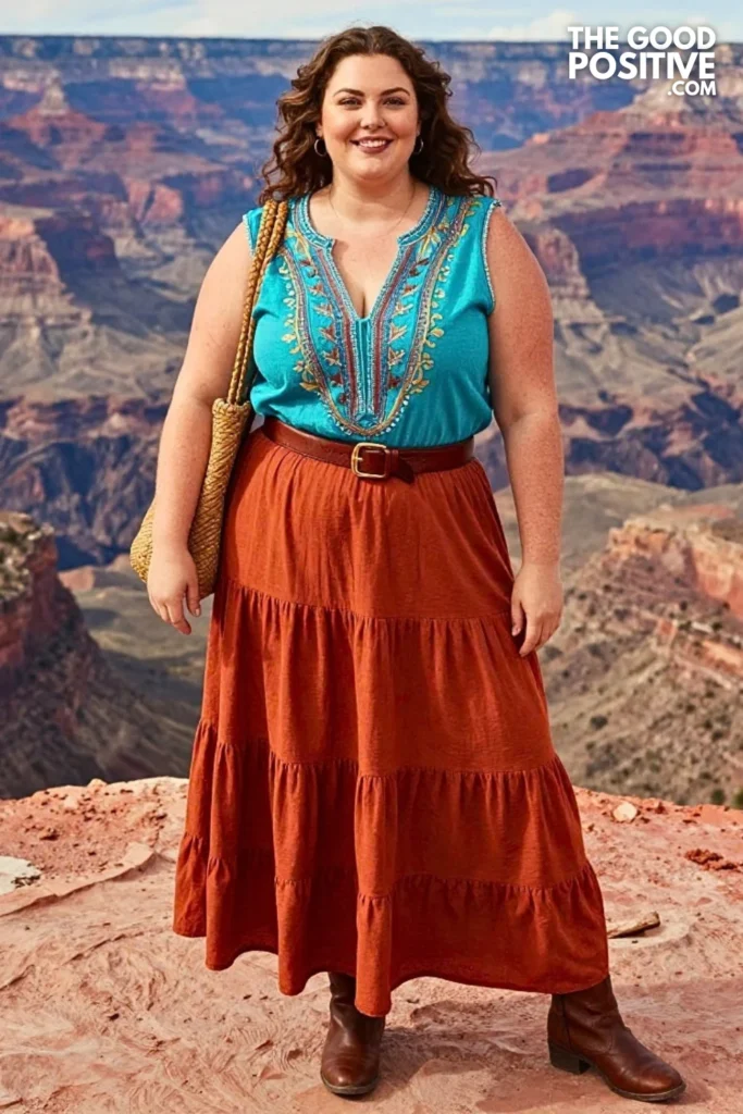 Terracotta Maxi Skirt With Turquoise Blouse