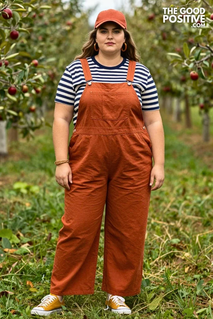 Terracotta Overalls, Striped Tee & Mustard Sneakers