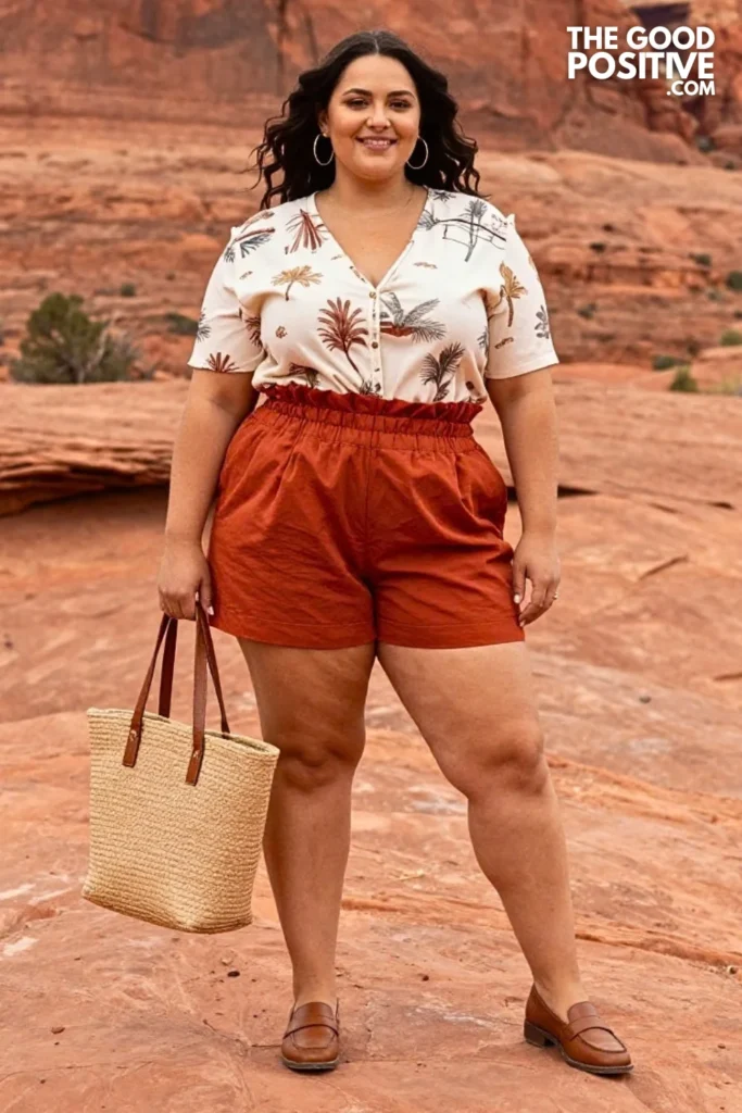 Terracotta Paperbag Shorts With Printed Blouse