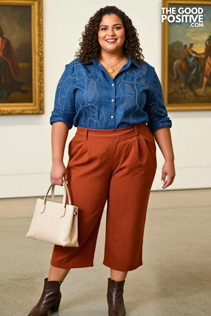 Terracotta Pleated Culottes With Indigo Art-Inspired Shirt