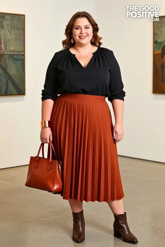 Terracotta Pleated Skirt, Ink Blouse & Copper Details