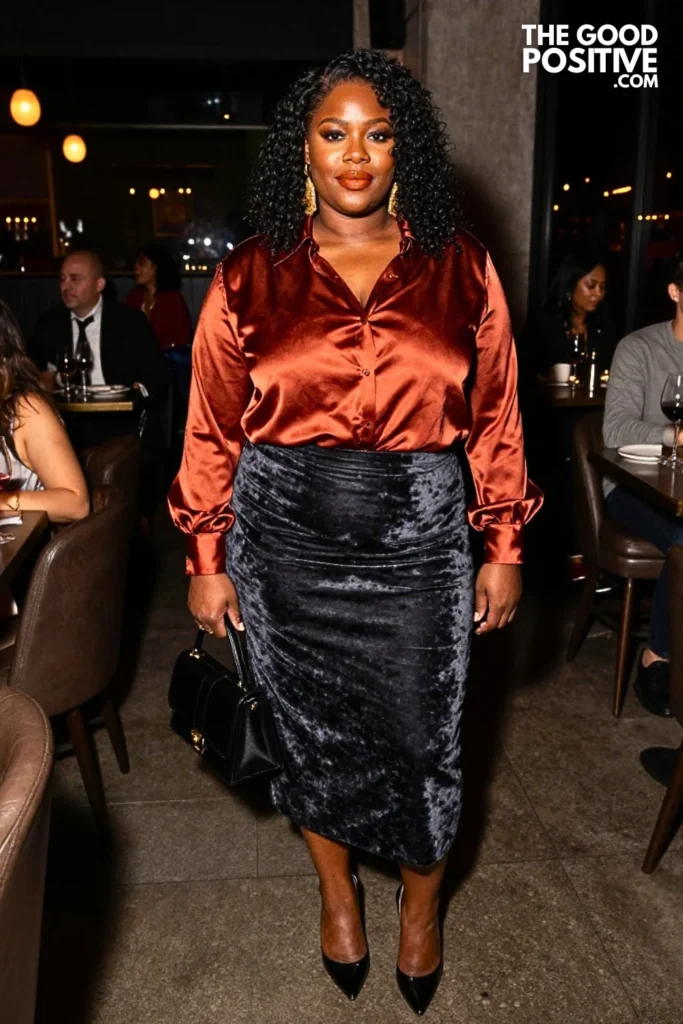 Terracotta Satin Blouse With Charcoal Velvet Skirt