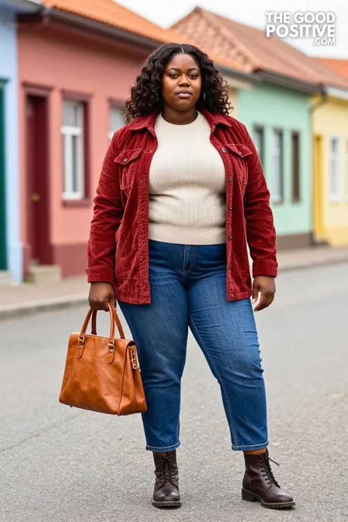Terracotta Shacket, Cream Knit Vest, and Barrel Jeans