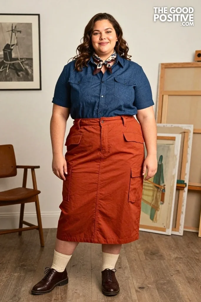 Terracotta Utility Skirt With Chambray Shirt