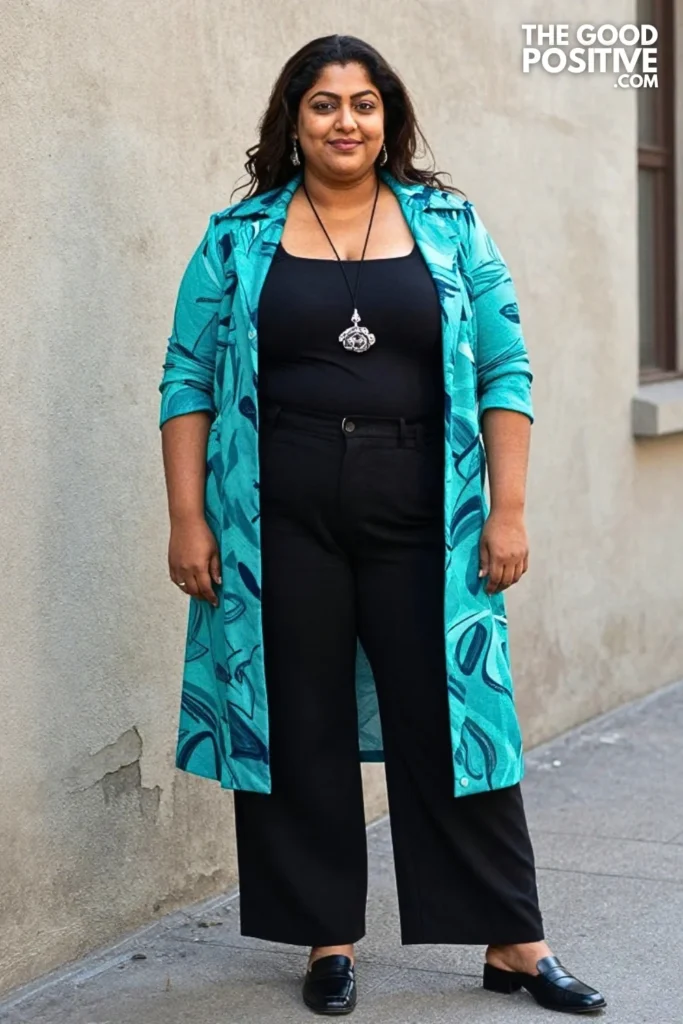 Turquoise Abstract Coat With Monochrome Outfit