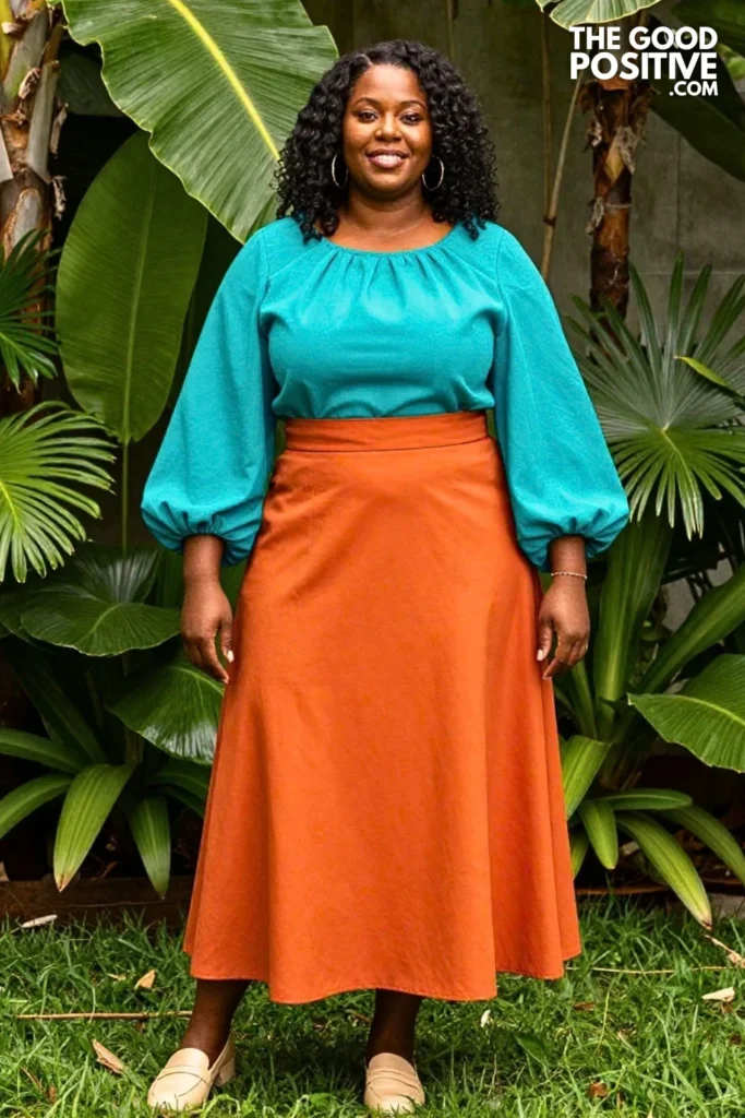 Turquoise Blouse With Paprika Midi Skirt