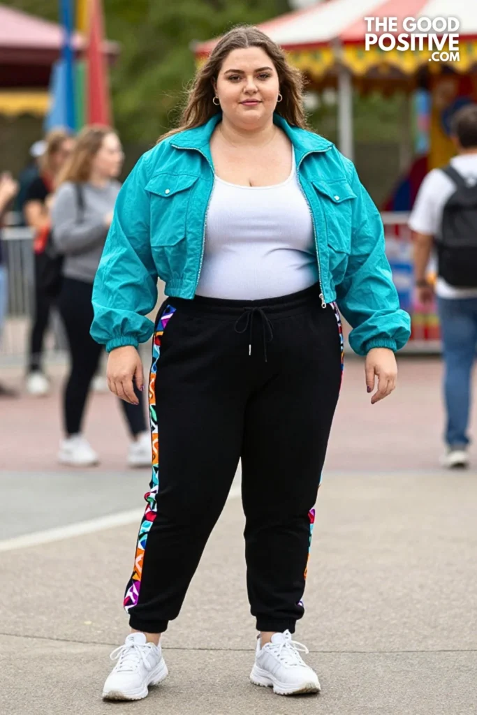 Turquoise Cropped Jacket, Printed Joggers, And Sneakers
