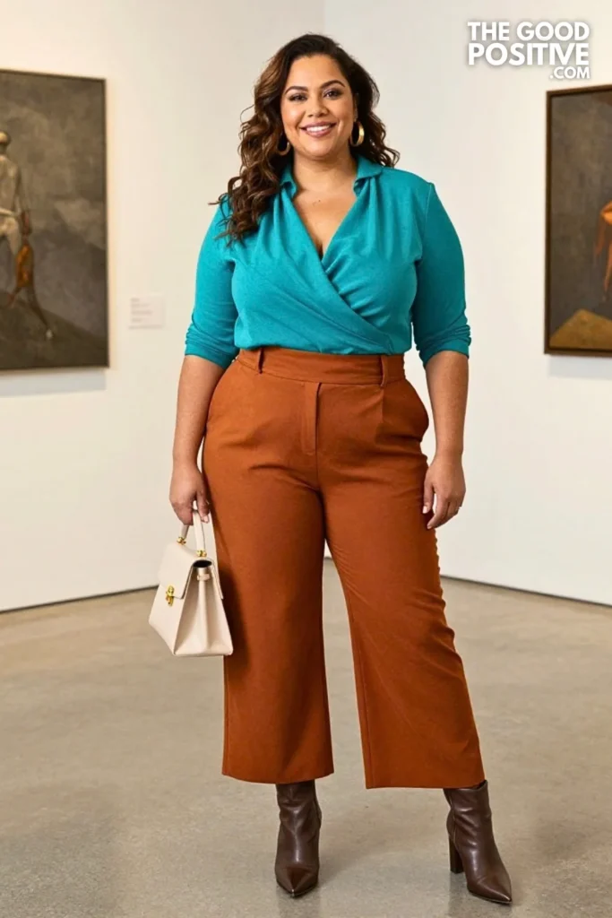 Turquoise Draped Top With Cinnamon Wide-Leg Pants