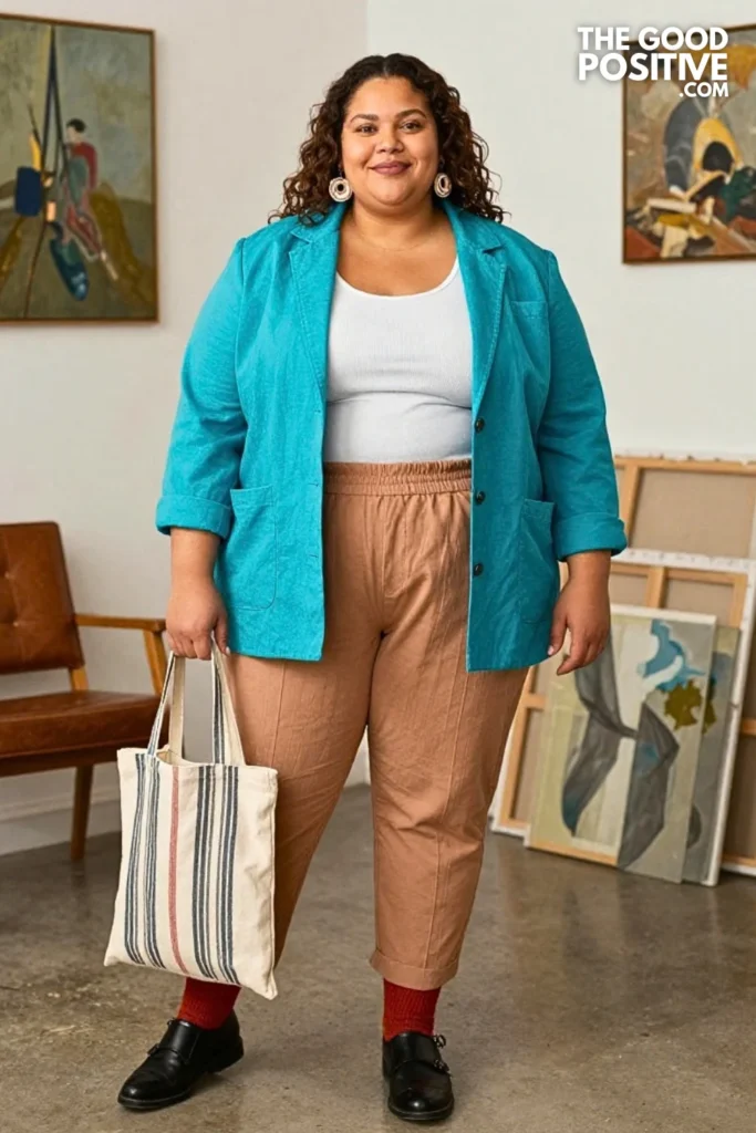 Turquoise Jacket With Clay-Tone Pleated Trousers