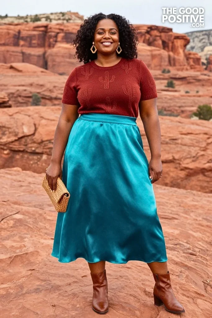 Turquoise Satin Skirt With Terracotta Knit Top