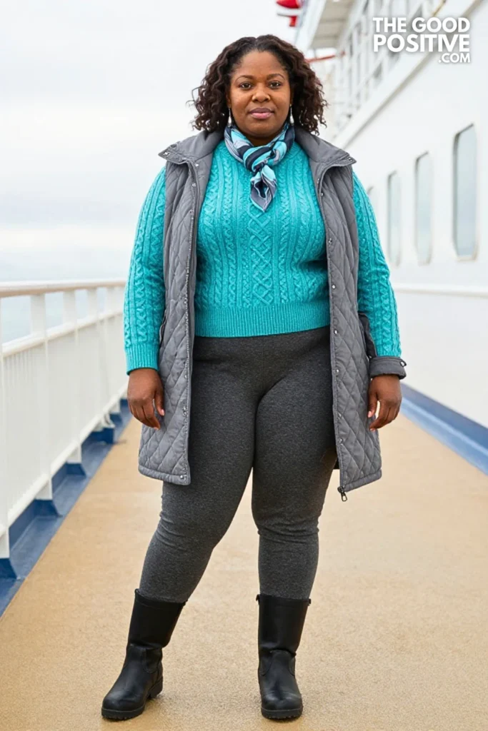 Turquoise Sweater, Charcoal Joggers & Quilted Cape