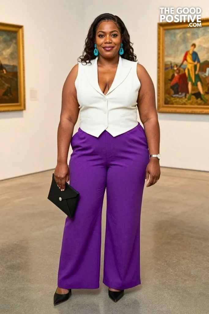 Violet Jacquard Trousers, Ivory Vest & Turquoise Earrings