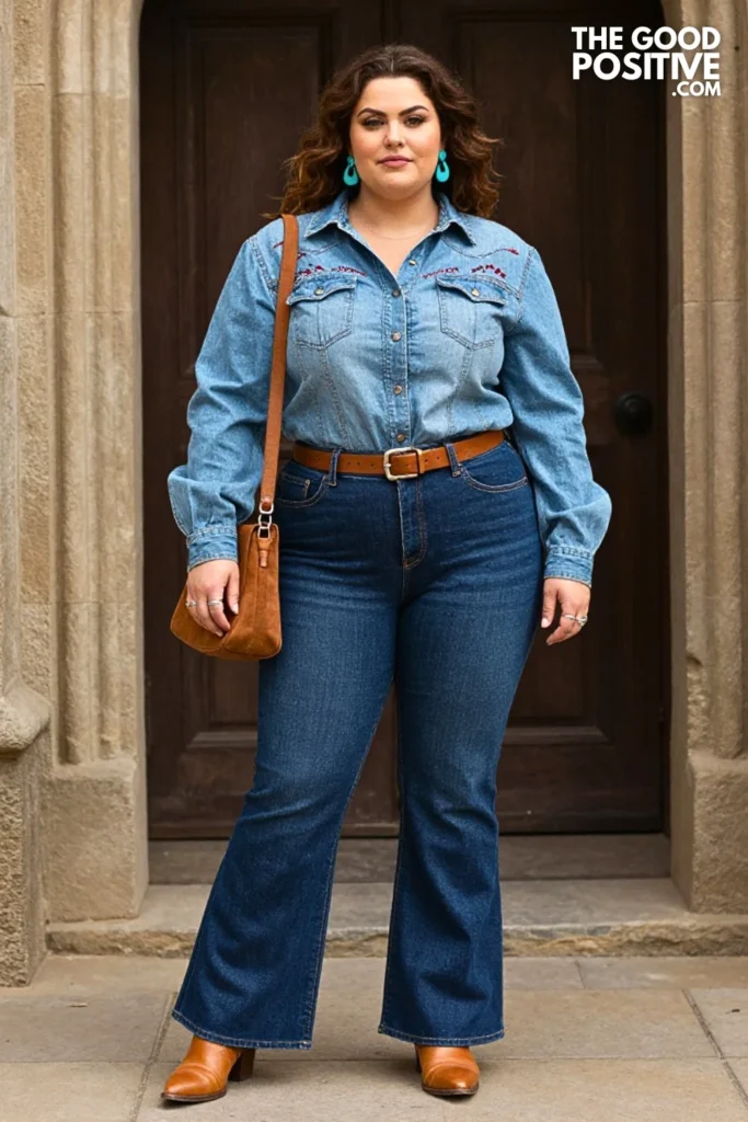 Western Print Blouse With Flare Jeans And Tan Boots