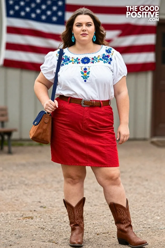 White Blouse With Red Western Midi Skirt