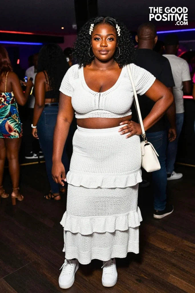 White Crochet Top, Tiered Maxi Skirt, and Platform Sneakers