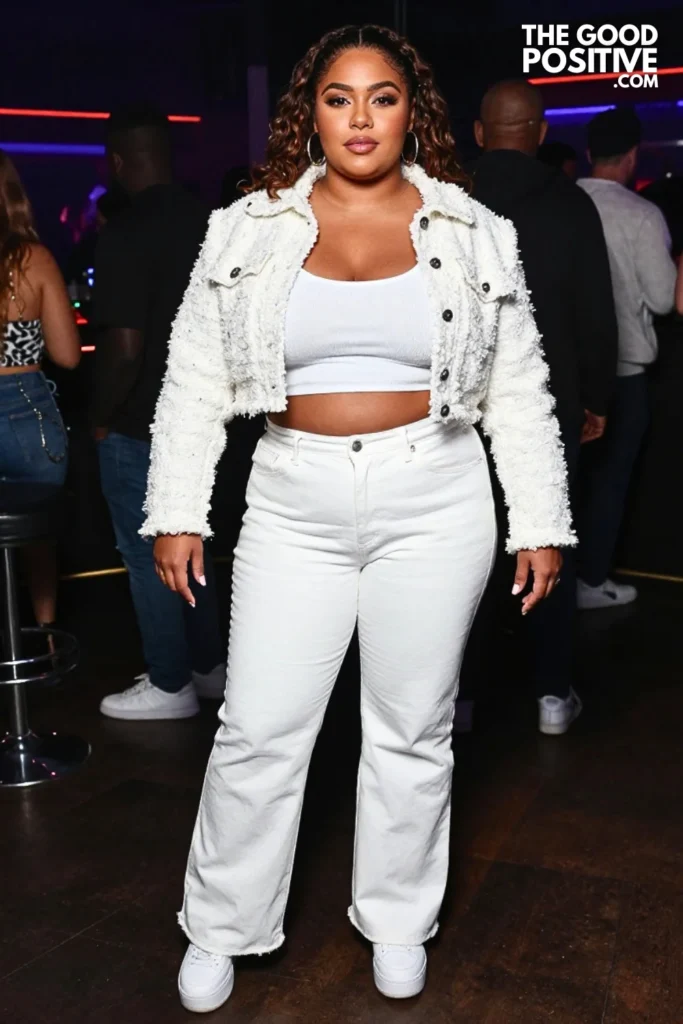White Cropped Jacket, Wide-Leg Jeans, and Platform Sneakers