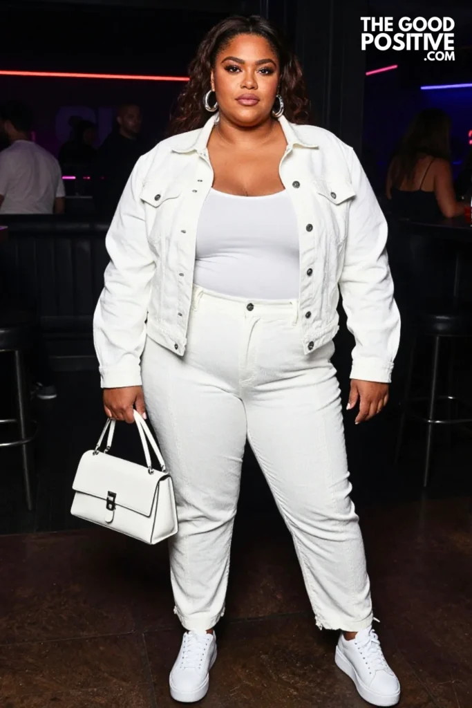 White Denim Jacket, Pleated Trousers, and Platform Sneakers