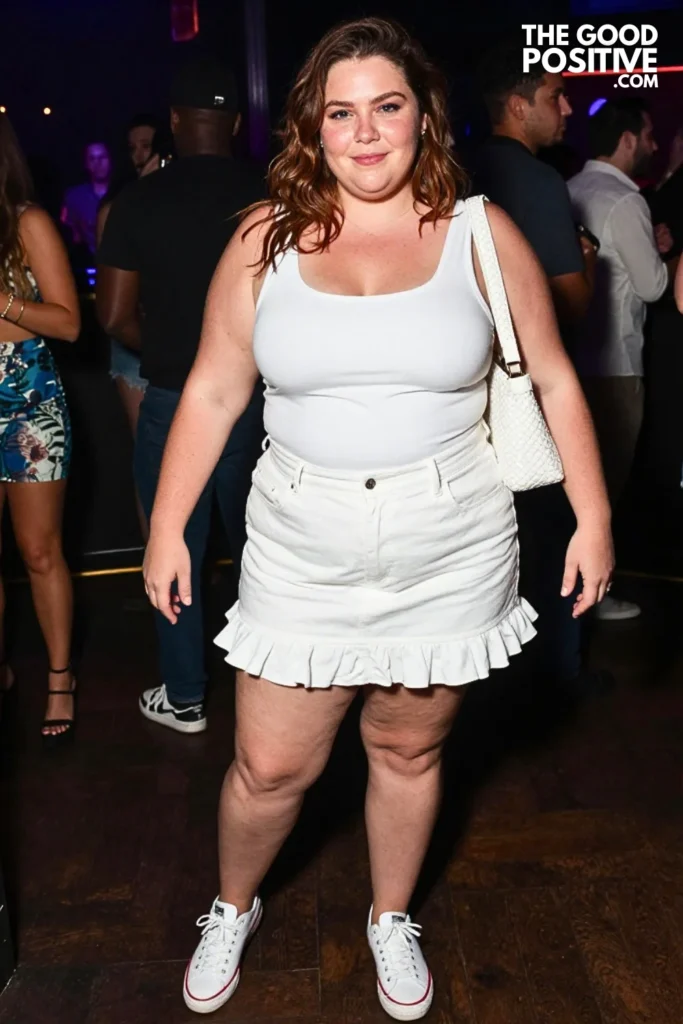 White Denim Mini Skirt, Ruffle Shorts, and Low-Top Sneakers