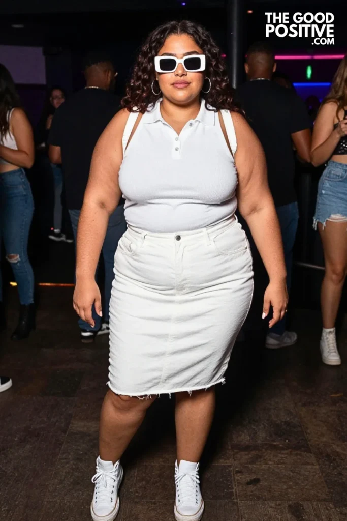 White Denim Skirt, Ribbed Polo, and High-Top Sneakers