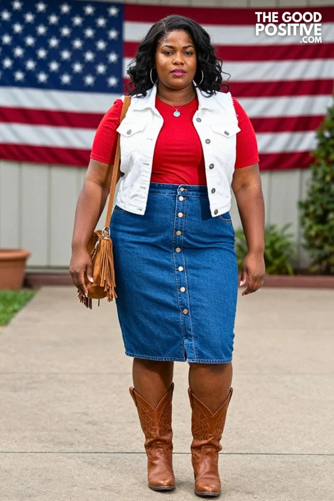 White Denim Vest With Blue Western Skirt