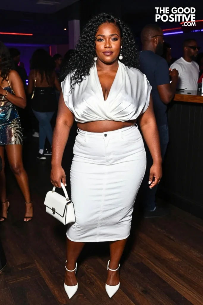 White Draped Blouse, Denim Midi Skirt, and Slingback Heels