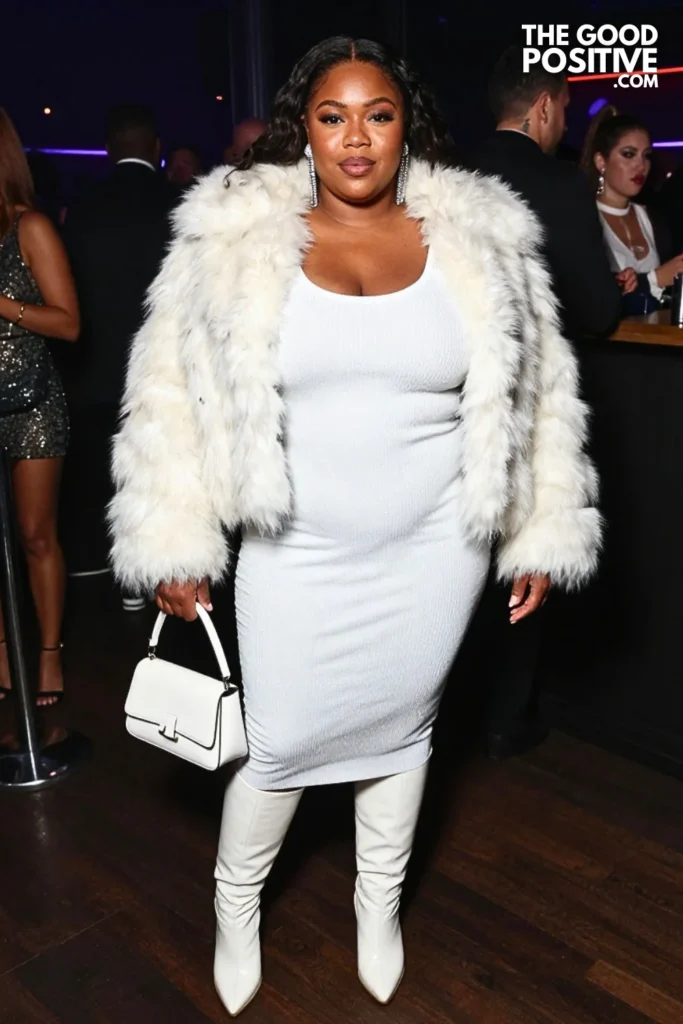 White Faux-Fur Coat, Knit Dress, and Tall Boots
