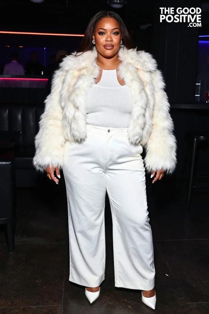 White Faux-Fur Jacket, Satin Trousers, and Pointed Heels