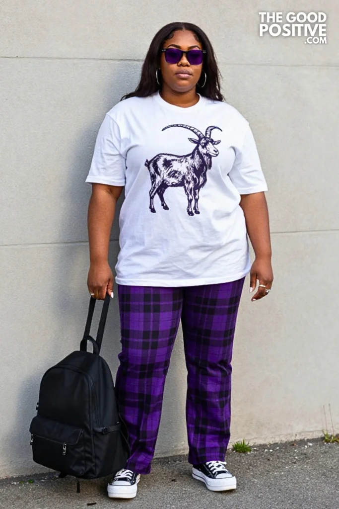 White Graphic Tee, Purple Plaid Pants, and Platform Sneakers