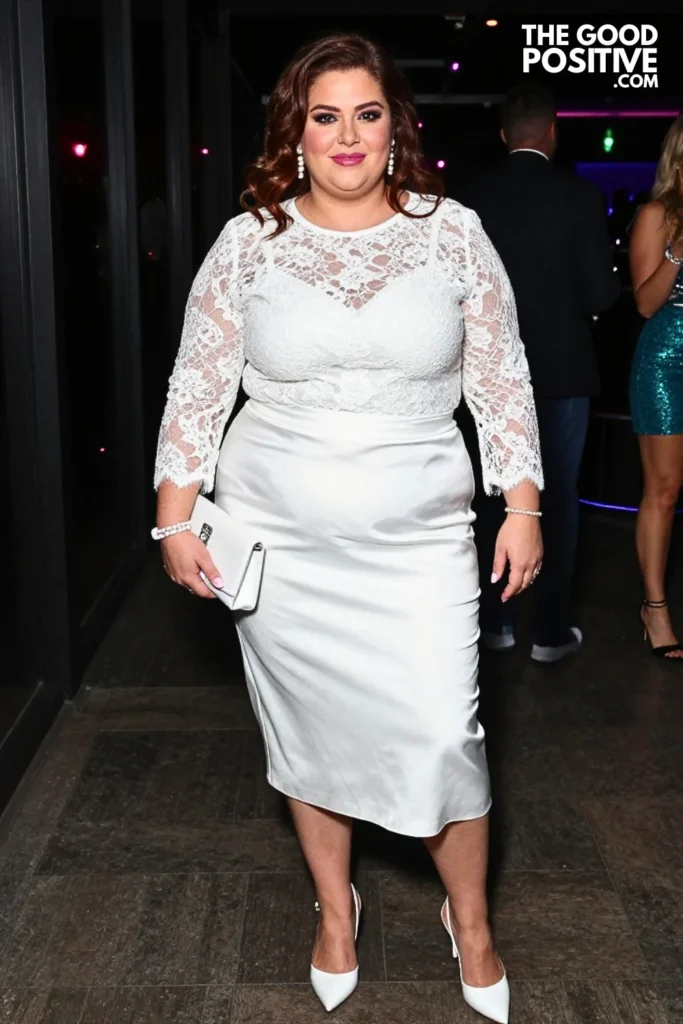 White Lace Blouse, Satin Midi Skirt, and Slingback Heels