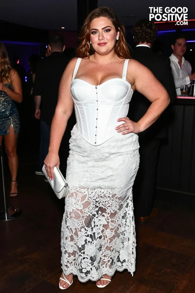 White Lace Maxi Skirt, Corset Top, and Strappy Heels