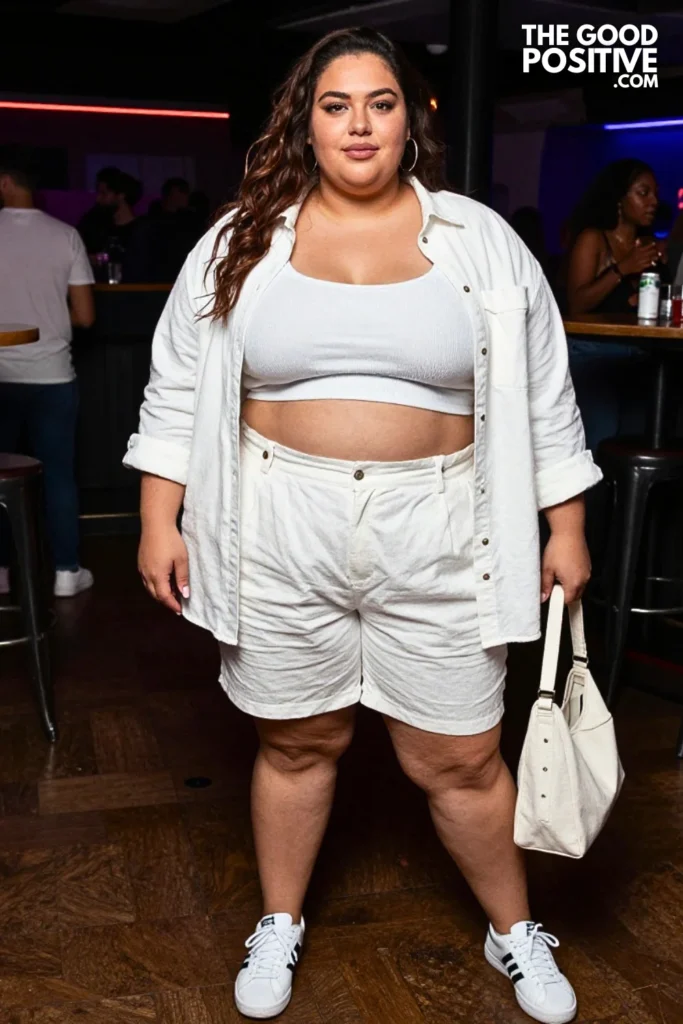 White Linen Shorts, Cropped Shirt, and Retro Sneakers