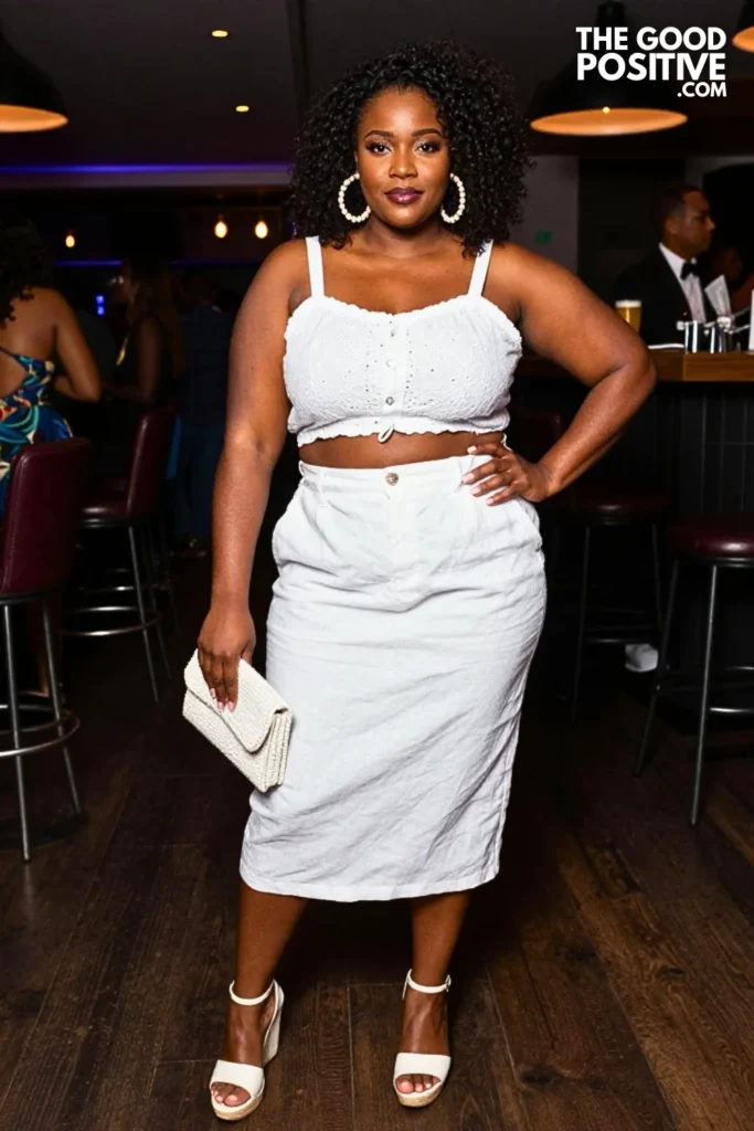 White Linen Skirt, Eyelet Top, and Wedge Heels