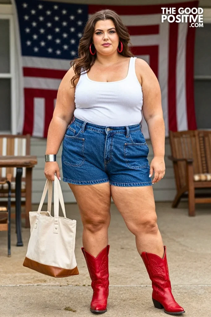 White Ribbed Tank With Red Western Boots