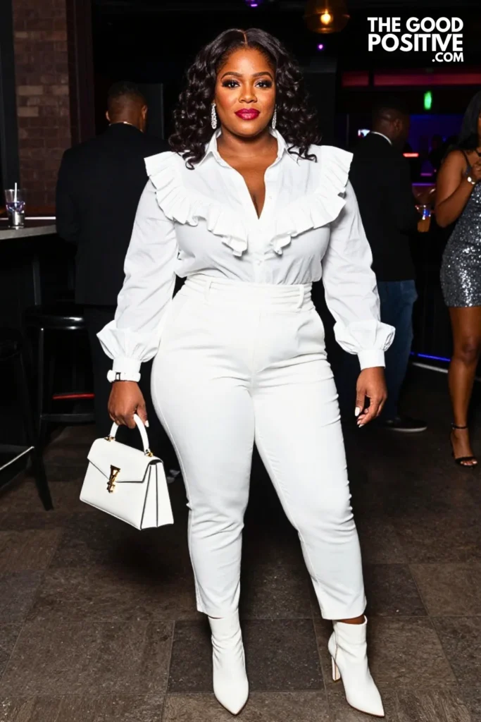 White Ruffled Blouse, Tailored Culottes, and Heeled Boots