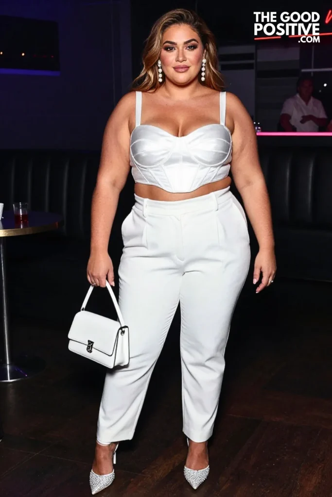 White Satin Bustier Top, Pleated Trousers, and Crystal Heels