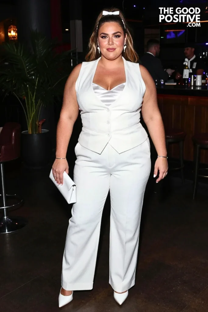 White Satin Camisole, Longline Vest, and Straight Trousers