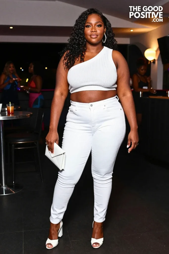 White Seamed Jeans, One-Shoulder Knit, and Sculptural Heels
