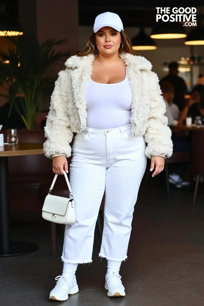 White Sherpa Jacket, Wide-Leg Jeans, and Retro Sneakers