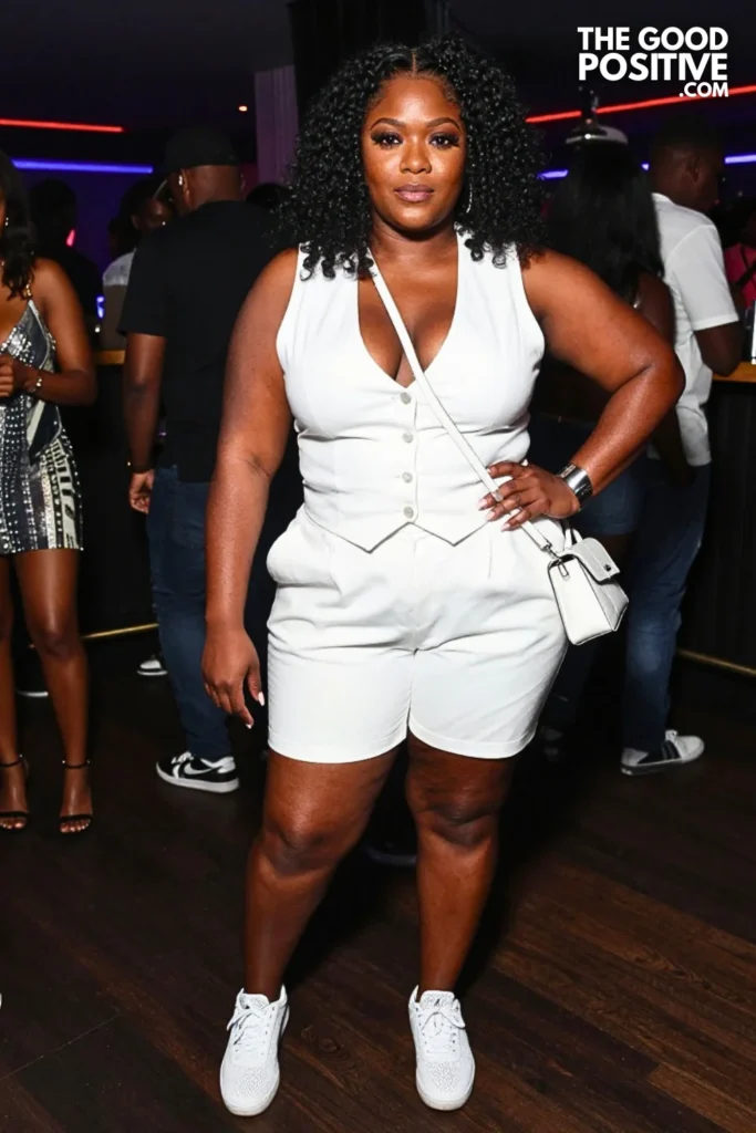 White Tailored Shorts, Cropped Vest, and Mesh Sneakers