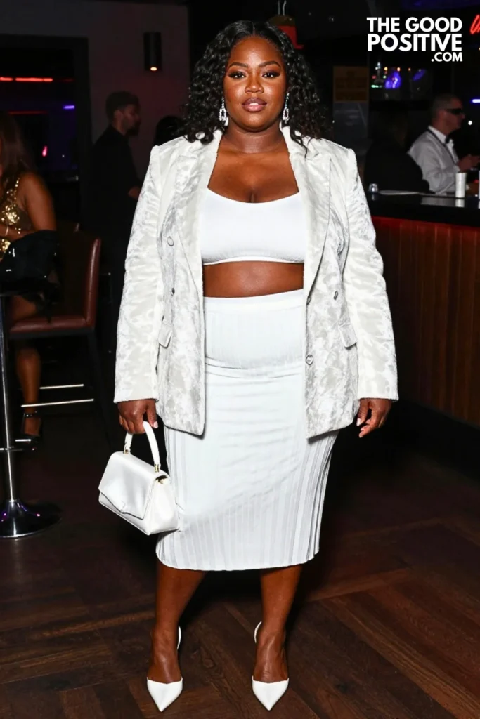 White Velvet Blazer, Pleated Skirt, and Heeled Mules