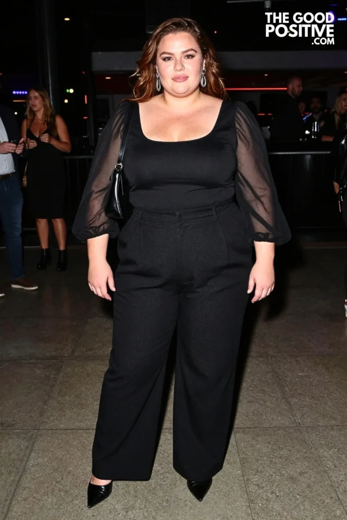 Wide-Leg Trousers With Sheer-Sleeve Blouse