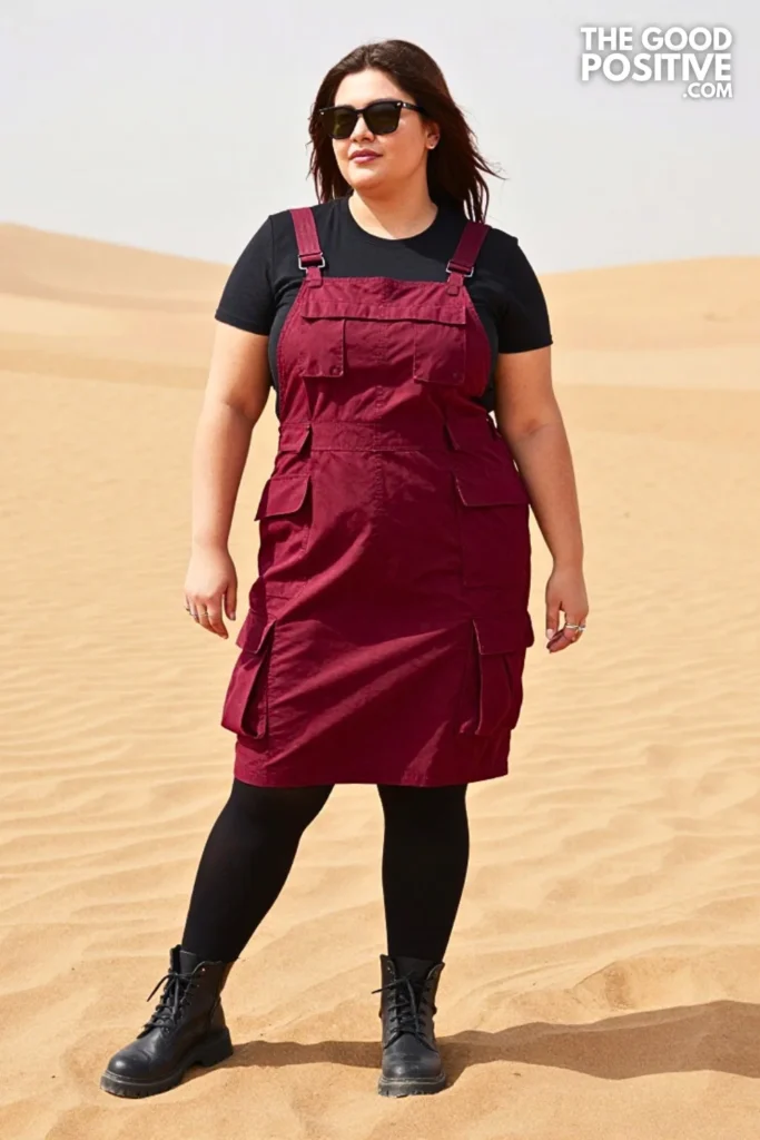 Wine Red Utility Dress, Layered Tee, and Heavy Boots
