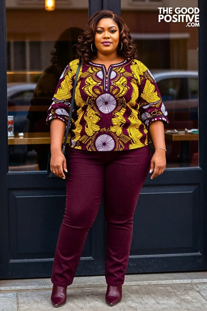 Wine and Yellow Ankara Bishop-Sleeve Blouse