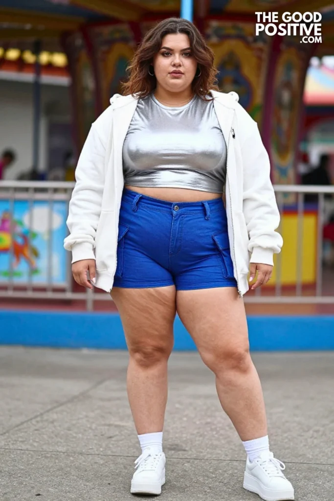 Y2K Silver Tee, Blue Cargo Shorts, And Zip Hoodie