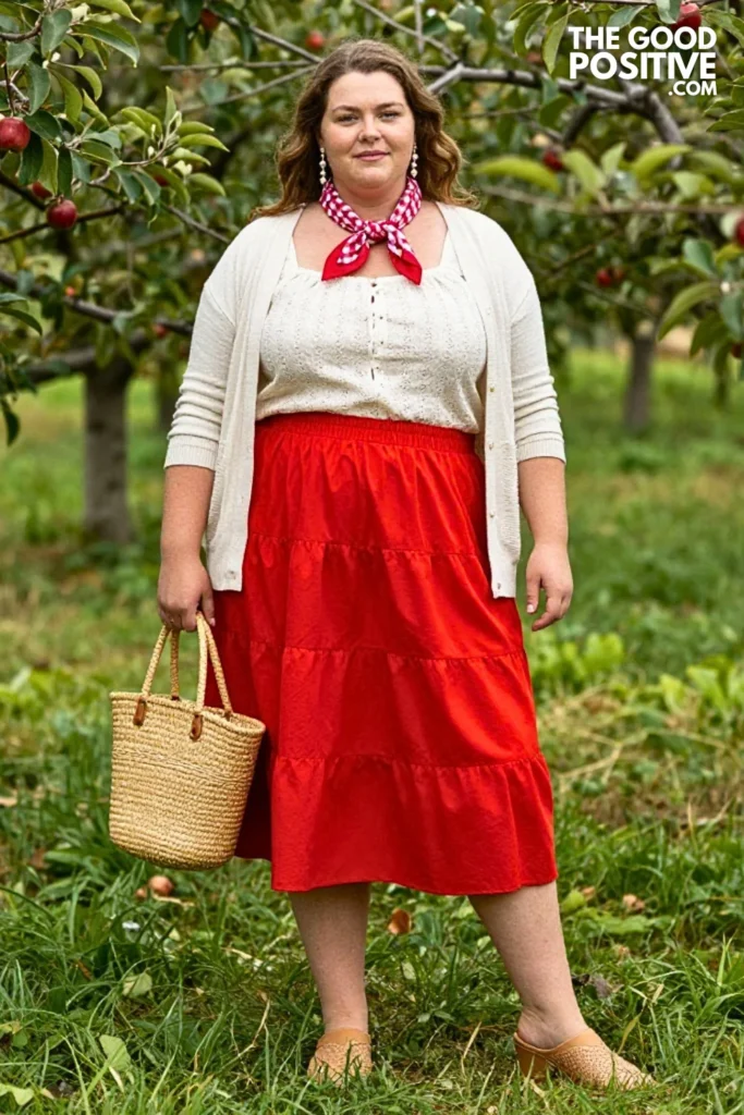 Tomato-Red Tiered Skirt, Eyelet Blouse & Woven Mules