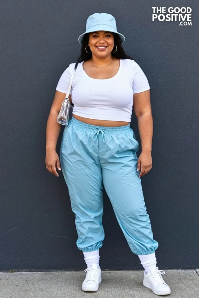 Baby Blue Parachute Pants With White Ribbed Baby Tee