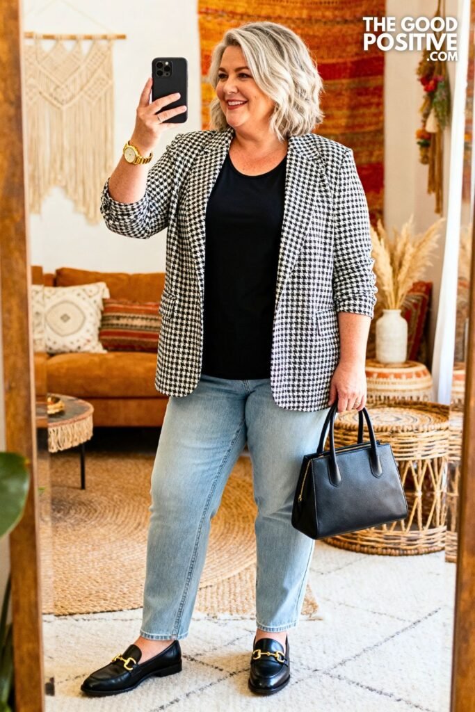 Black And White Houndstooth Blazer With Light Wash Straight Jeans