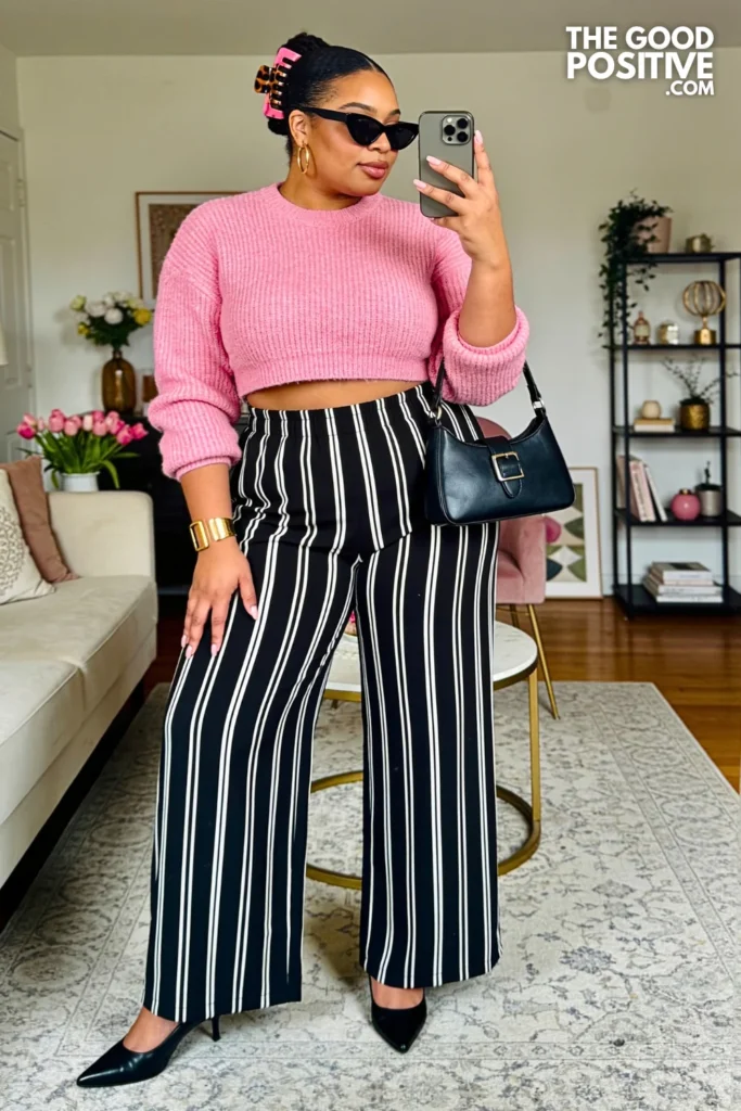 Black And White Striped Wide-Leg Pants With Pink Cropped Sweater