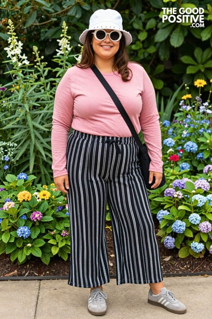 Black And White Vertical Stripe Wide Leg Pants With Rose Pink Longline Tee And Retro Suede Runners