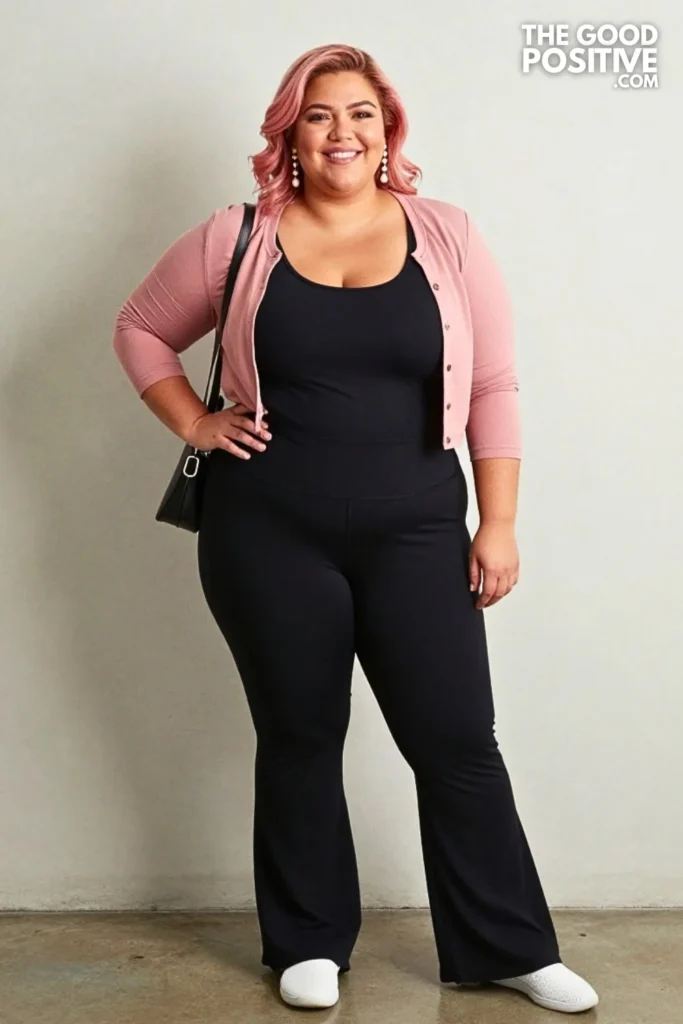 Black Flared Yoga Pants With Dusty Rose Cropped Cardigan